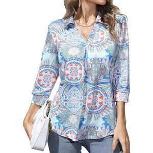 Women Boho Blue Work Blouse Collared V Neck Shirt Loose Fit Top Public Occasion